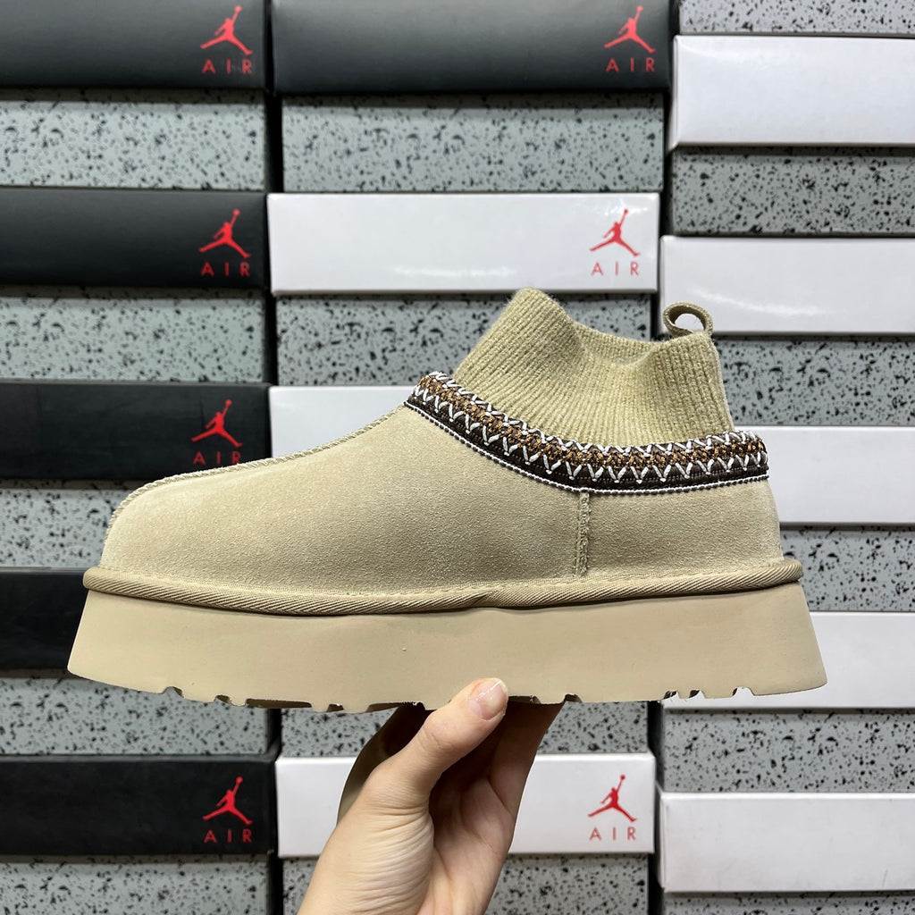 UGG Platform Ankle Boots in Mustard Seed with Ribbed Knit Collar