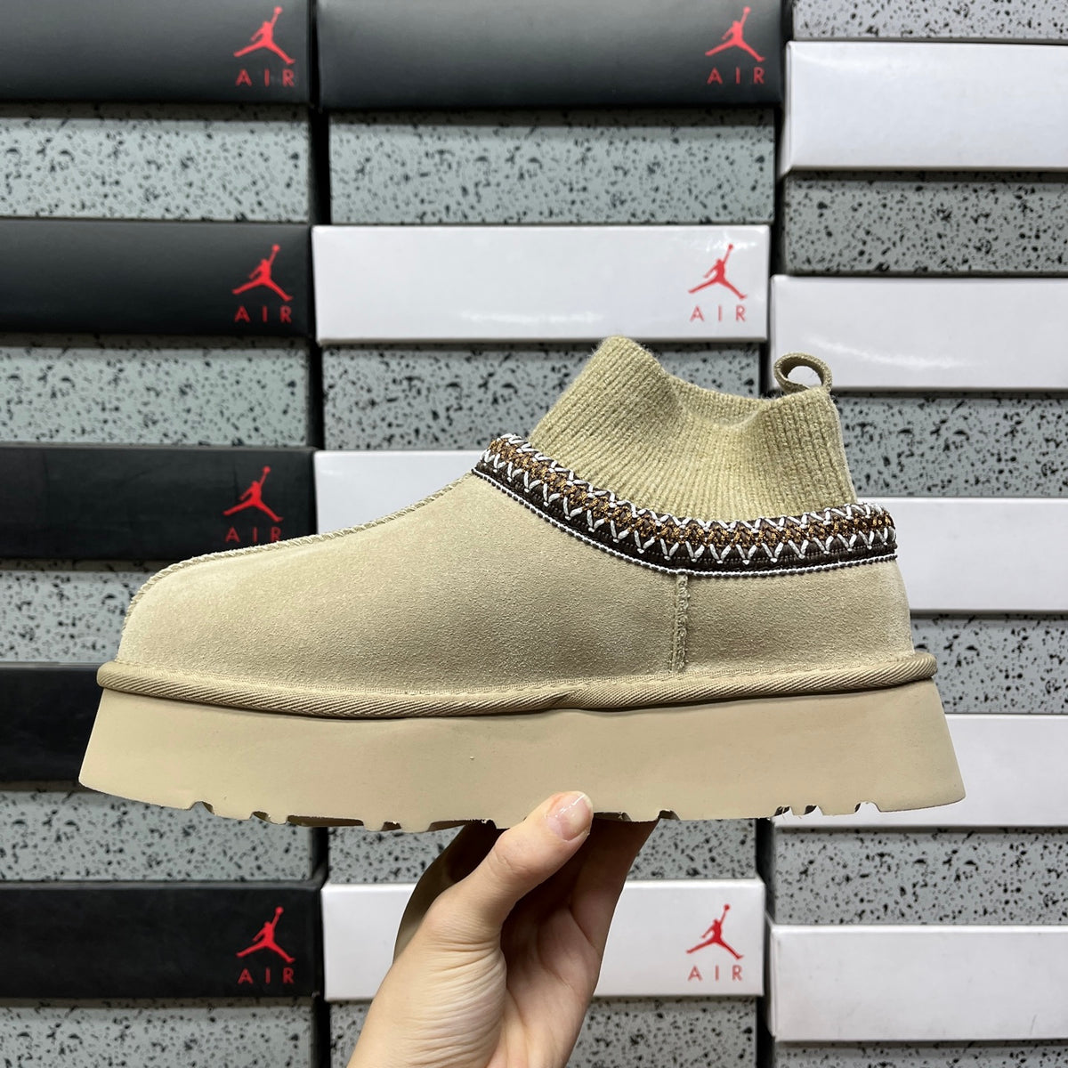 UGG Platform Ankle Boots in Mustard Seed with Ribbed Knit Collar