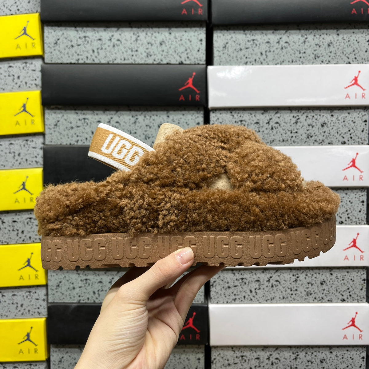 UGG Fluffy Platform Sandals in Chestnut with Crossover Straps