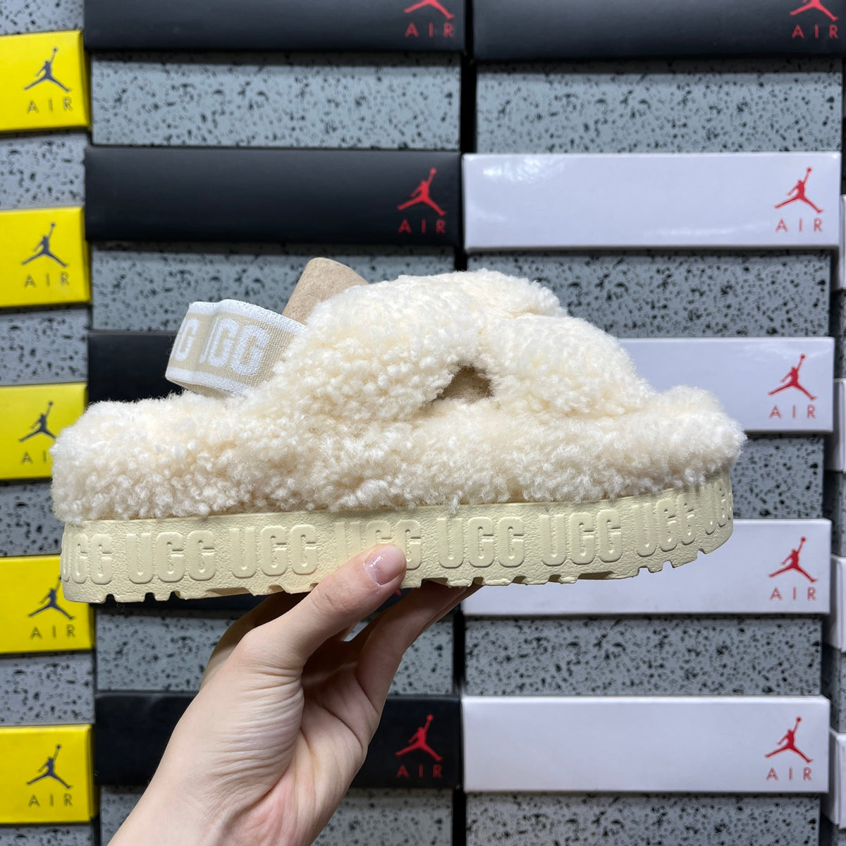 UGG Fluffy Platform Sandals in Beige with Crossover Straps