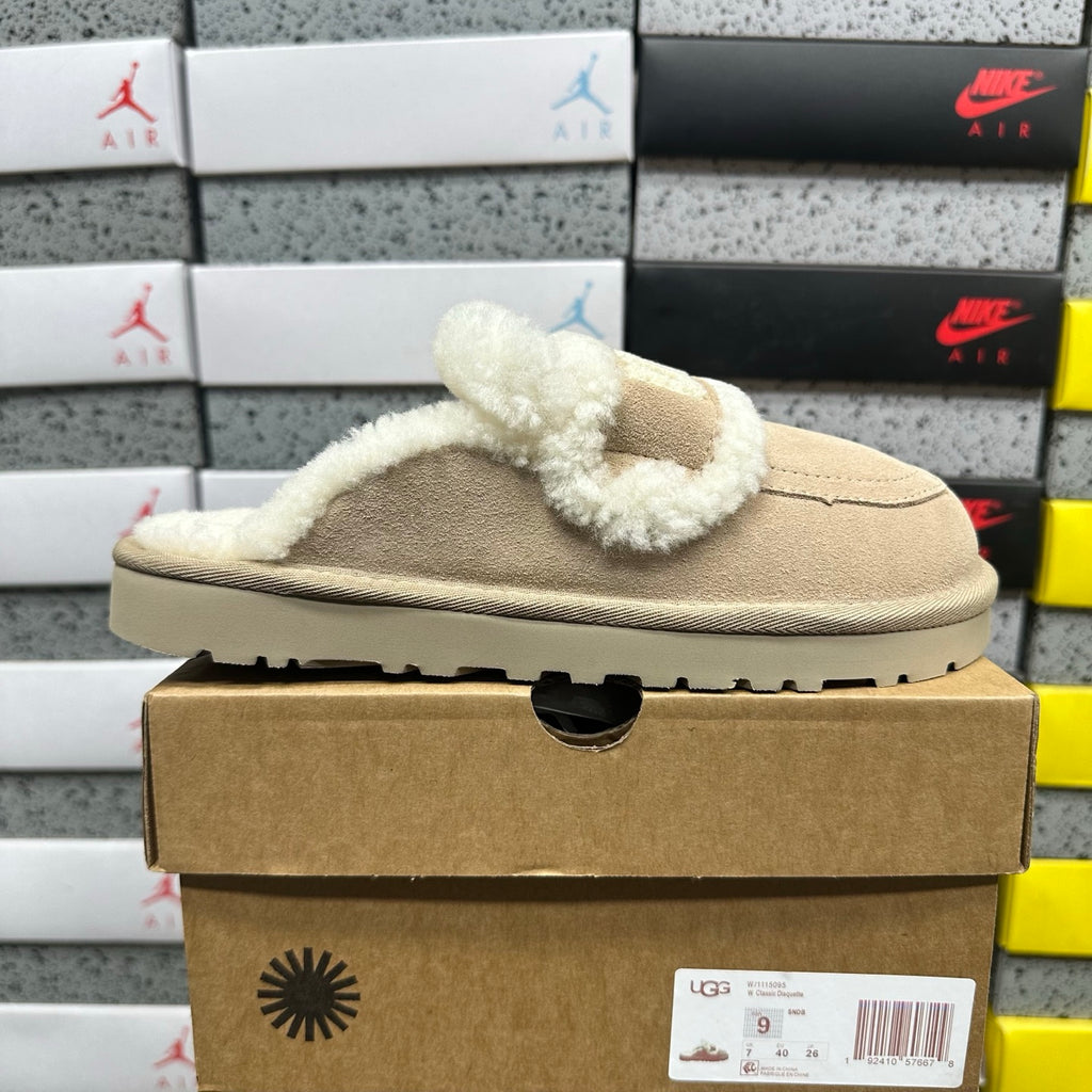UGG Embroidered Mule Slippers in Khaki with Cream Plush Trim
