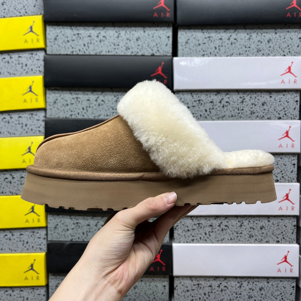 UGG Platform Slippers in Chestnut with Cream Plush Collar