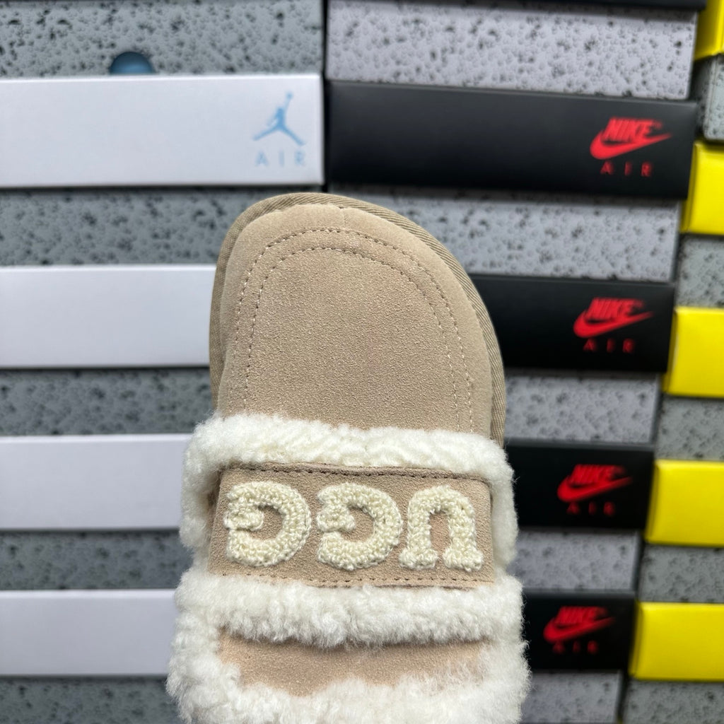 UGG Embroidered Mule Slippers in Khaki with Cream Plush Trim