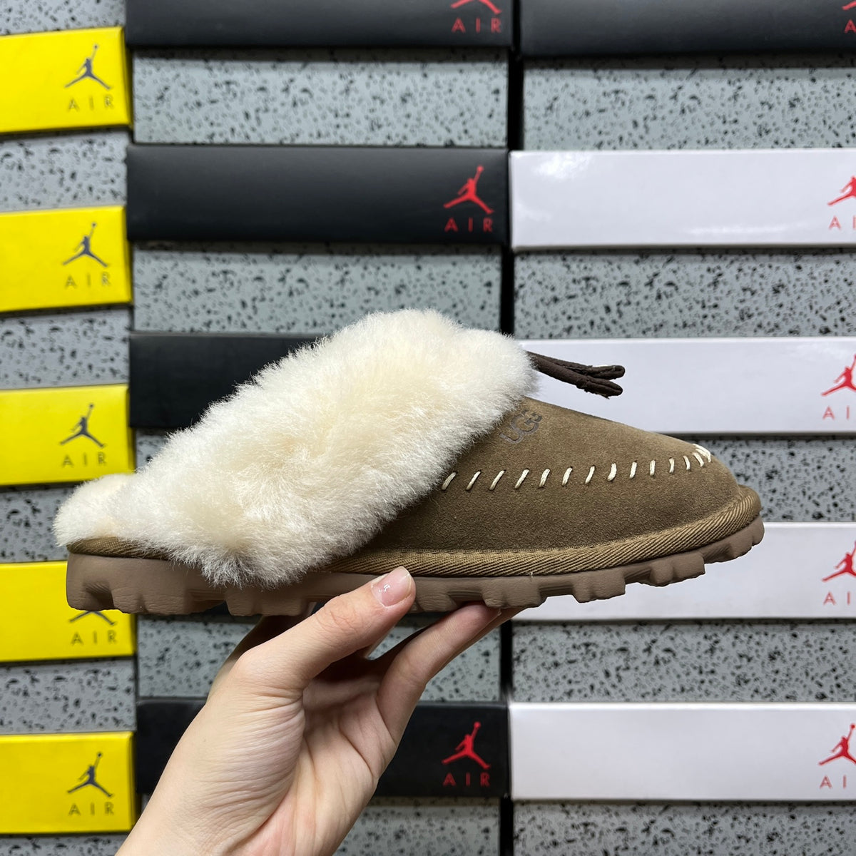 UGG Slippers in Light Bronze with Cream Plush Collar