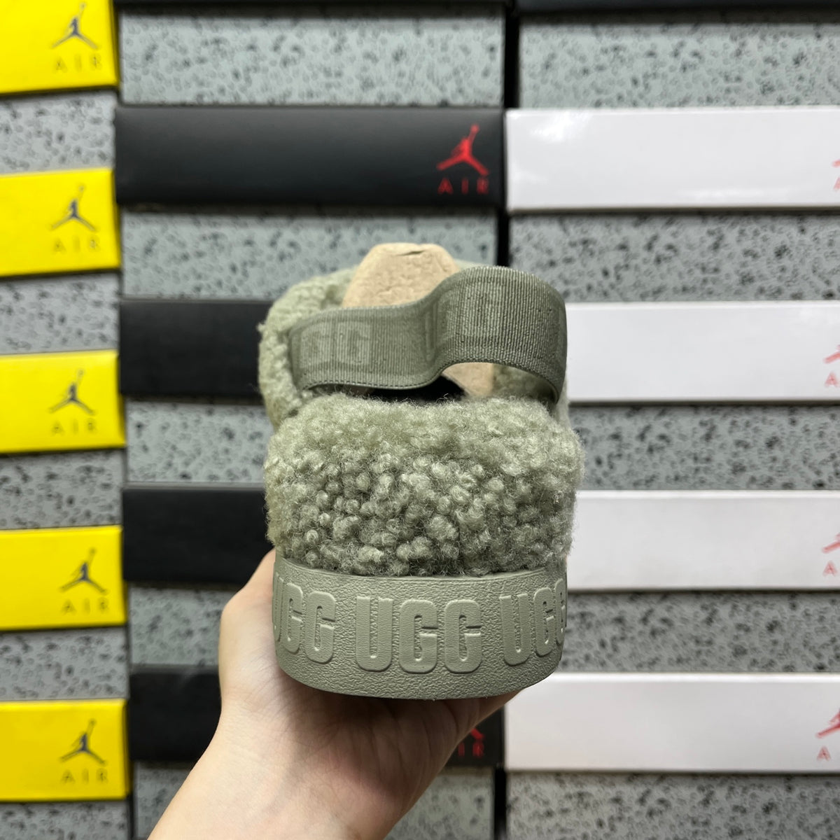 UGG Fluffy Platform Sandals in Green with Crossover Straps