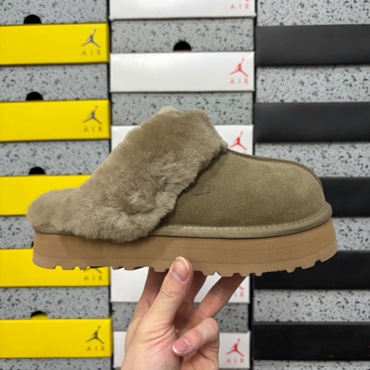 UGG Platform Slippers in Antelope Brown with Plush Collar