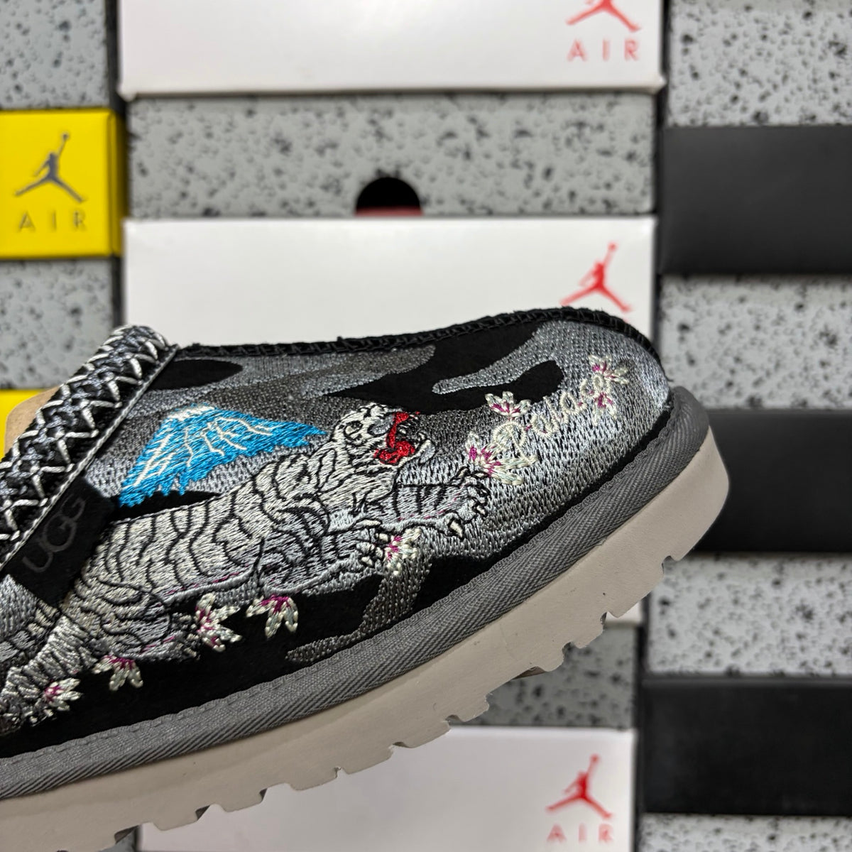 UGG Black Slip-On Shoes with Dragon and Tiger Embroidery