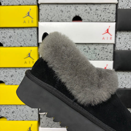 UGG Black Platform Slip-On Shoes with Gray Plush Collar