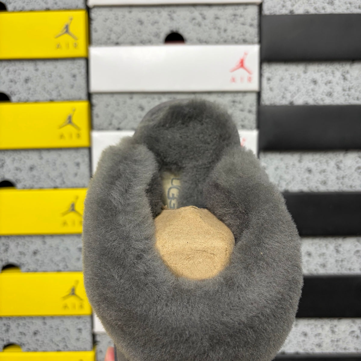 UGG Gray Mule Slippers with Plush Collar and Notched Sole