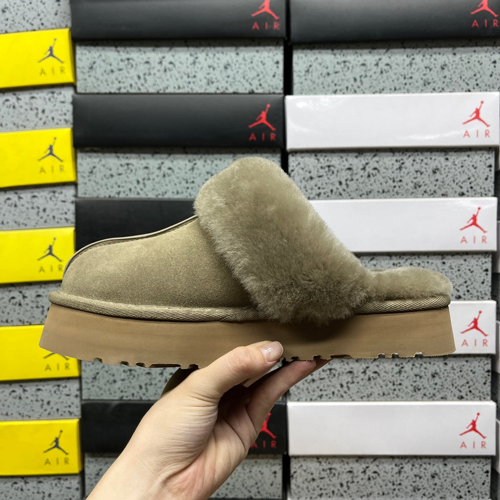 UGG Platform Slippers in Antelope Brown with Plush Collar