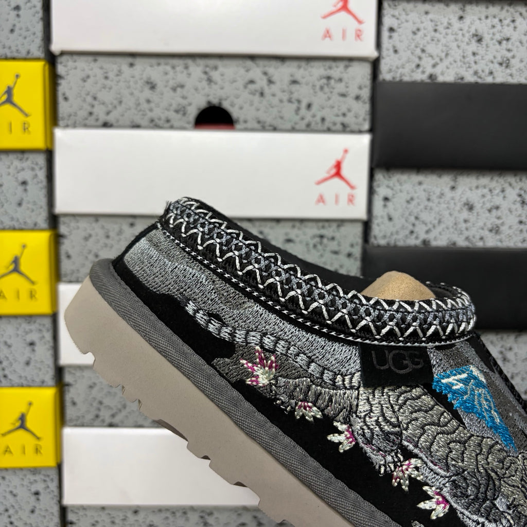 UGG Black Slip-On Shoes with Dragon and Tiger Embroidery
