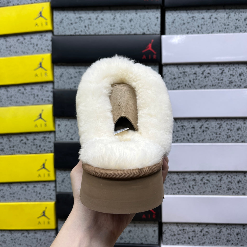 UGG Platform Slippers in Chestnut with Cream Plush Collar