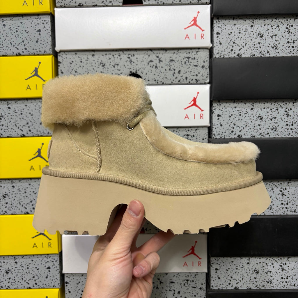 UGG Platform Ankle Boots in Sand with Plush Cuff and Block Heel