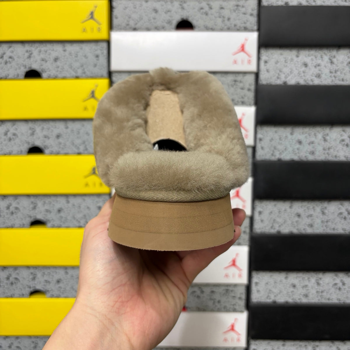 UGG Platform Slippers in Antelope Brown with Plush Collar