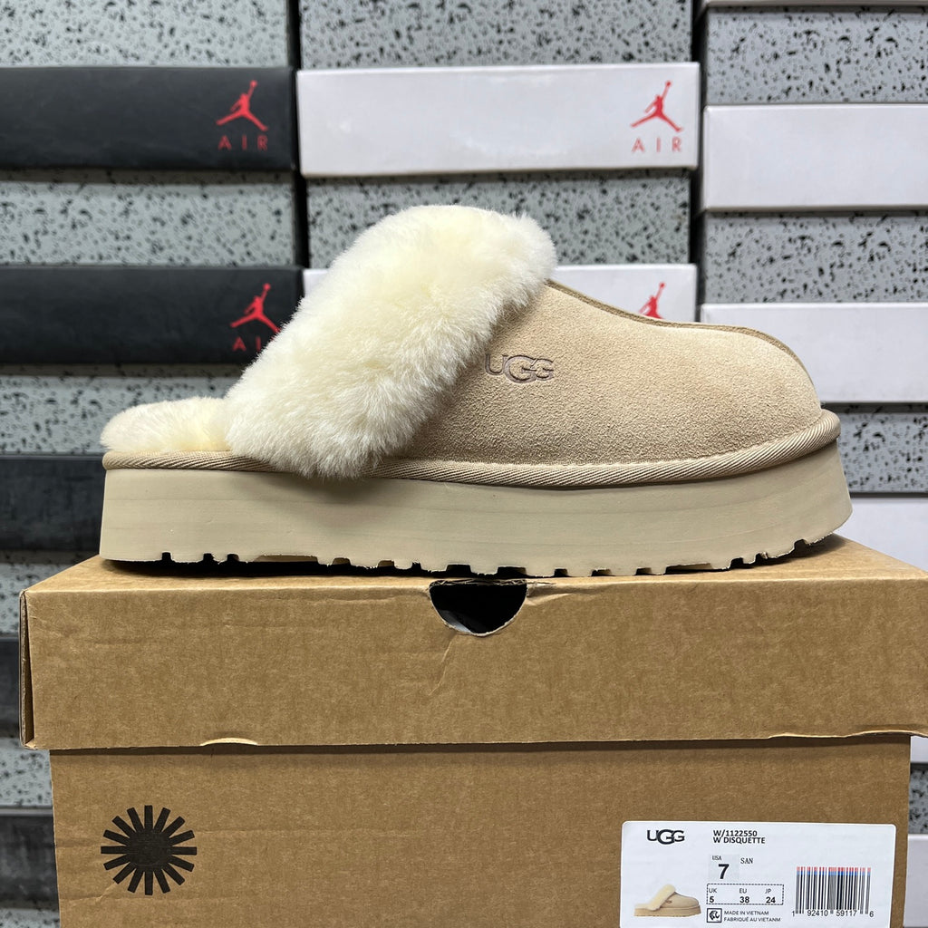 UGG Platform Slippers in Mustard Seed with Cream Plush Collar
