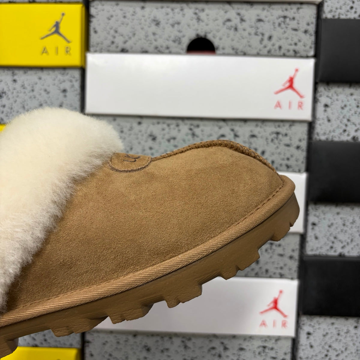 UGG Chestnut Mule Slippers with Cream Plush Collar and Notched Sole