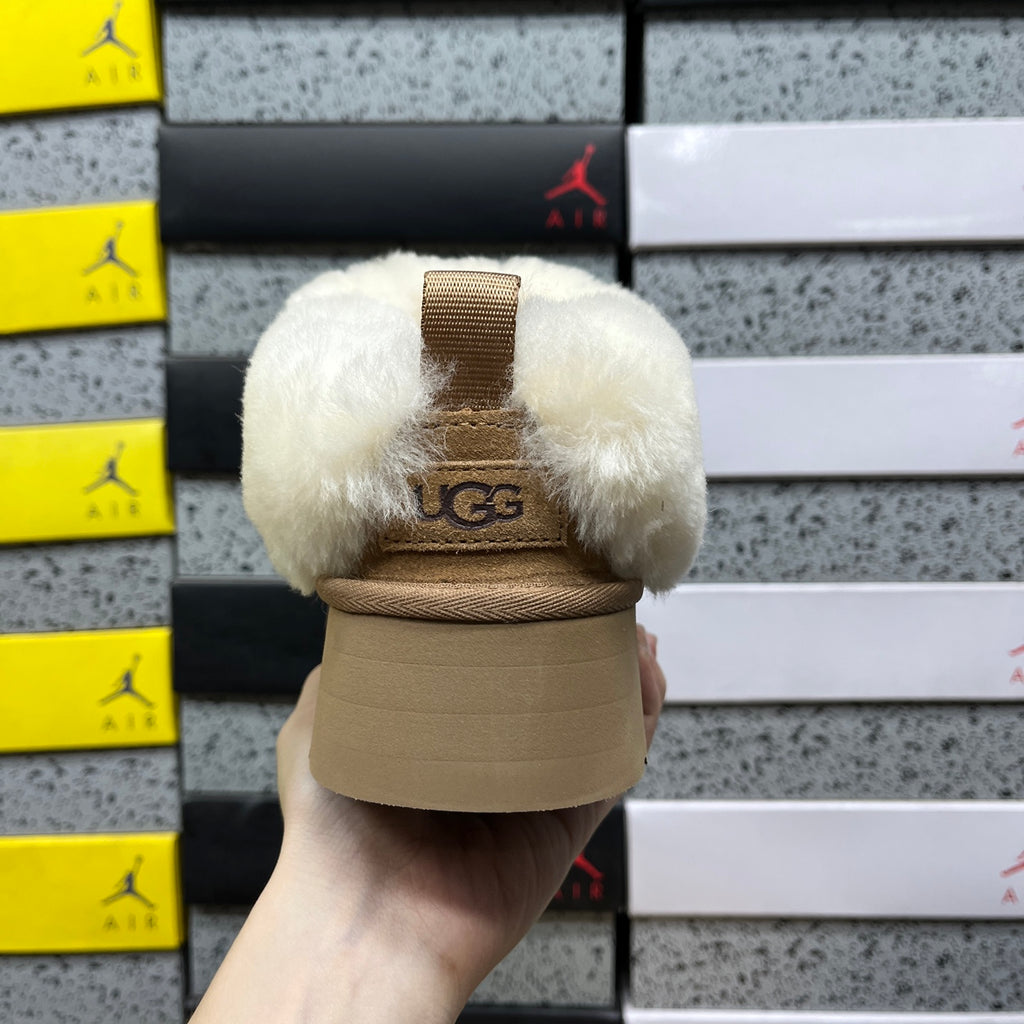 UGG Platform Slippers in Chestnut with Cream Plush Collar