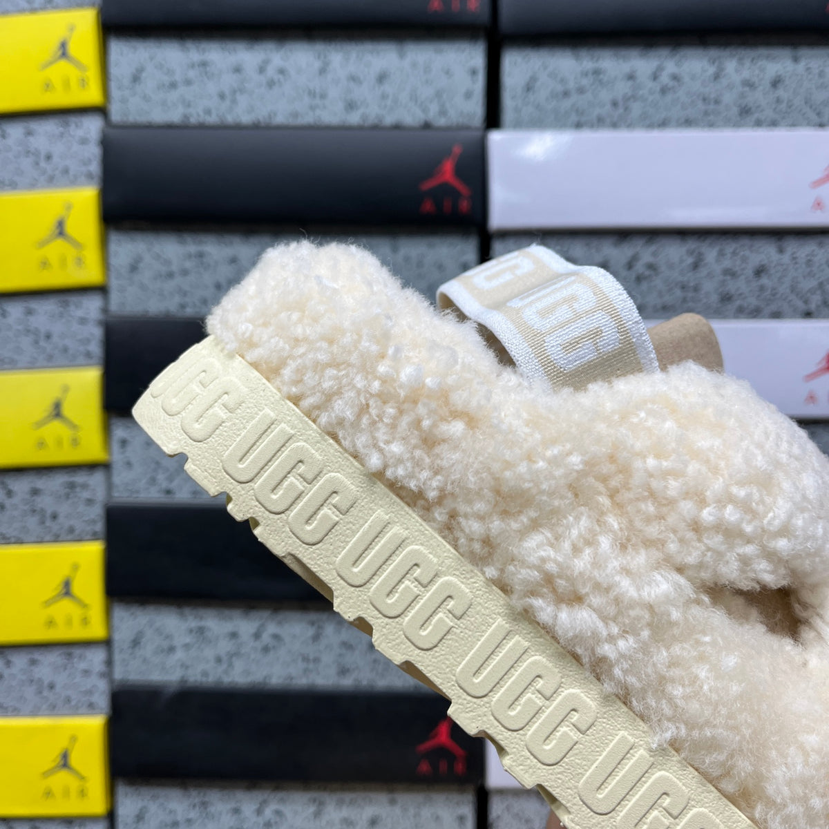 UGG Fluffy Platform Sandals in Beige with Crossover Straps