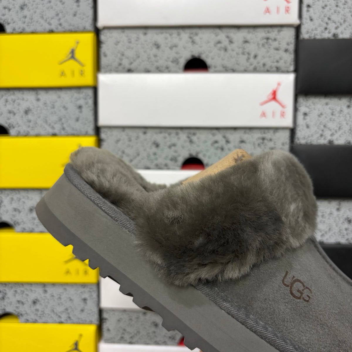 UGG Platform Slippers in Gray with Plush Collar