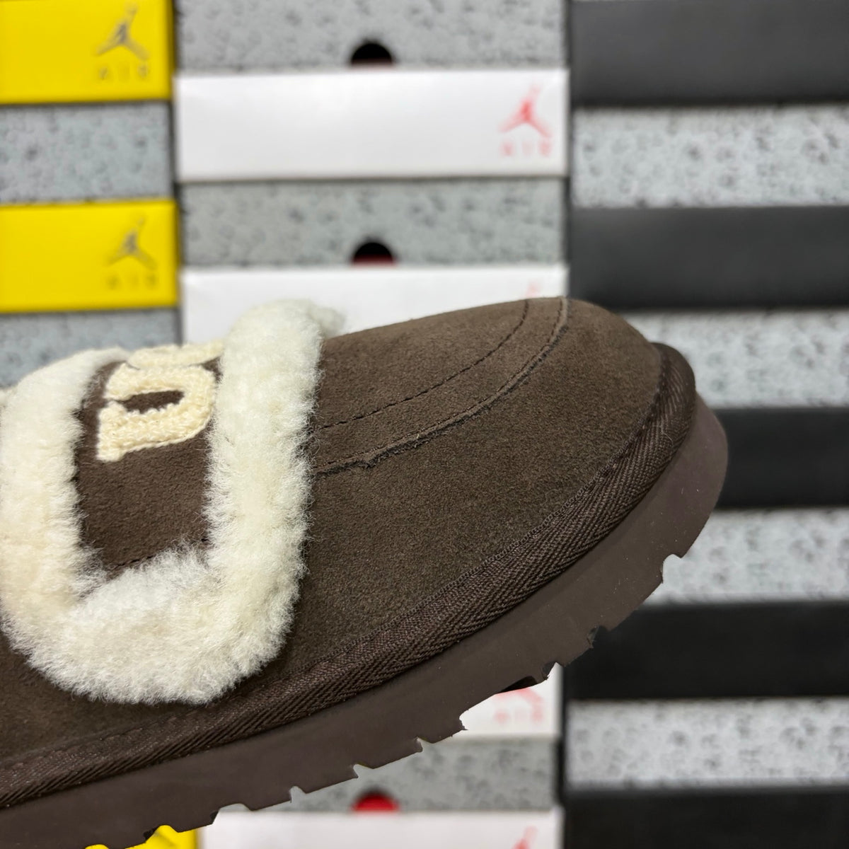 UGG Mule Slippers in Chocolate Brown with Cream Plush Trim