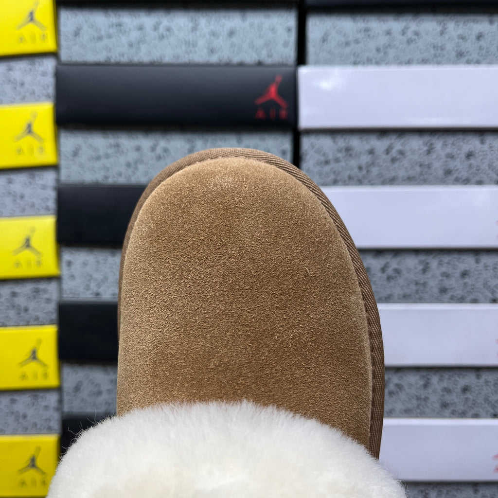 UGG Platform Slippers in Chestnut with Cream Plush Collar